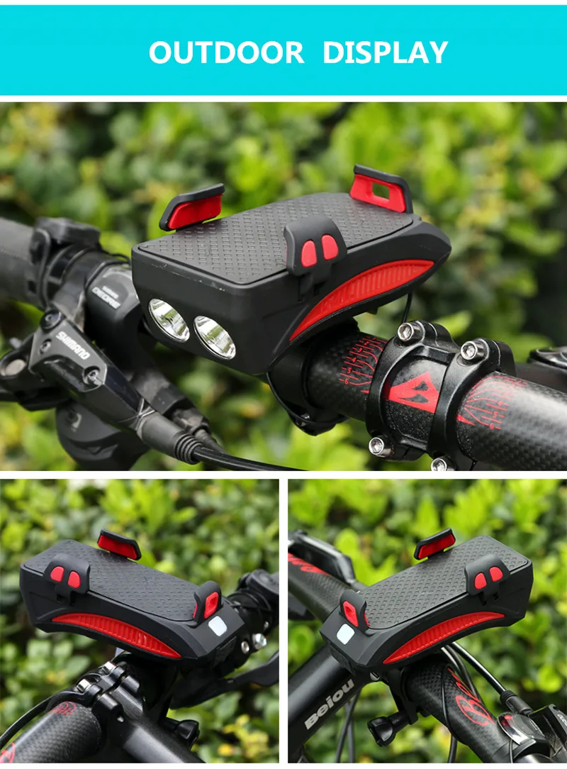 Clearance Waterproof Bicycle Front Lights 4 in1  Phone Holder Bike Horn USB Rechargeable Cycling  Flashlight With Power Bank Hiking tools 17