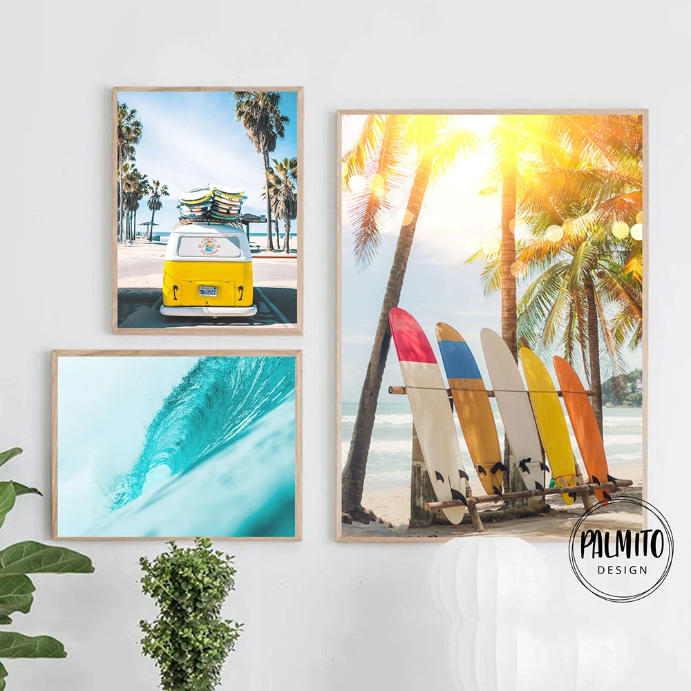 Yellow Beach Wall Art Digital Surf Ocean Modern Surf Prints Sea Palm Tree Tavole Da Surf Poster Wall Art Canvas Painting Decoration