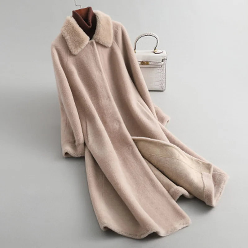 

and autumn 2020 winter women's new high-quality sheep shearing coat female long section grain wool Haining fur coat large size