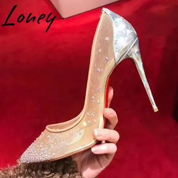 

Ollymurs HIgh Quality Breathable Mesh HIgh Heel Pumps Sexy Pointed Toe Red Crystal Beading Bottoms Wedding Pumps
