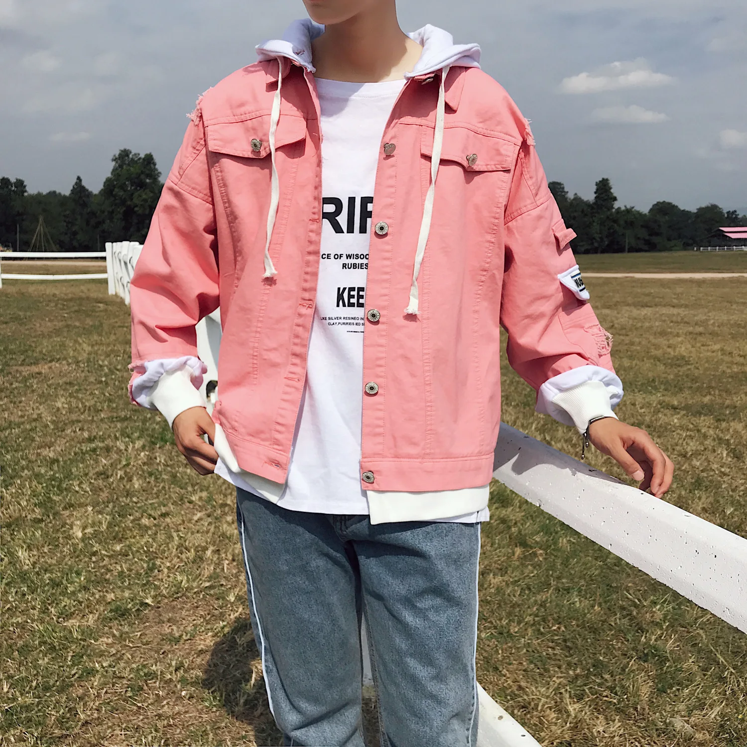 

Jacket Men's 2018 Spring New Style Men Hong Kong Style Trend Mock Two-Piece Coat Teenager Students Denim Jacket