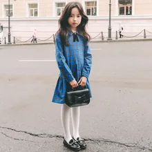 Весенне-осеннее платье для девочек в школьном стиле синяя рубашка с длинными рукавами в клетку в британском стиле платье для девочек плиссированное платье с отложным воротником