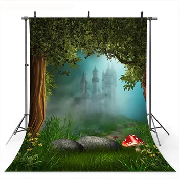 

Cartoon Castle Photography Backdrop for Photo Studio Spring Green Grass Background Horrifying Castle Children Birthday Photocall