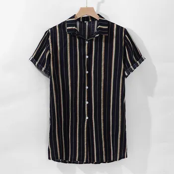 

Black Stripe Men Shirt Summer Short Sleeve Printed Shirts Loose Buttons Casual Shirt Blouse Cotton Formal Wear Blouse Streetwear