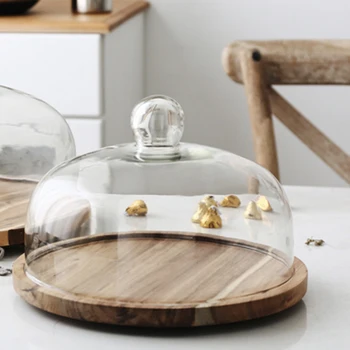 

Western Rotate Cake Tray Transparent Glass Cover Bamboo Wood Tray Home Cake Pan Fruit Dessert Tray Storage Tray with Cover