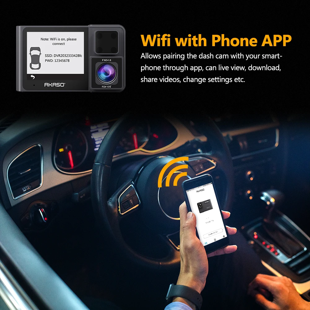 AKASO Trace 1 Pro Автомобильная камера с двумя объективами 2K Dash Cam WiFi с телефоном приложение Внешний gps передний и внутренний объектив двойная запись 1080P
