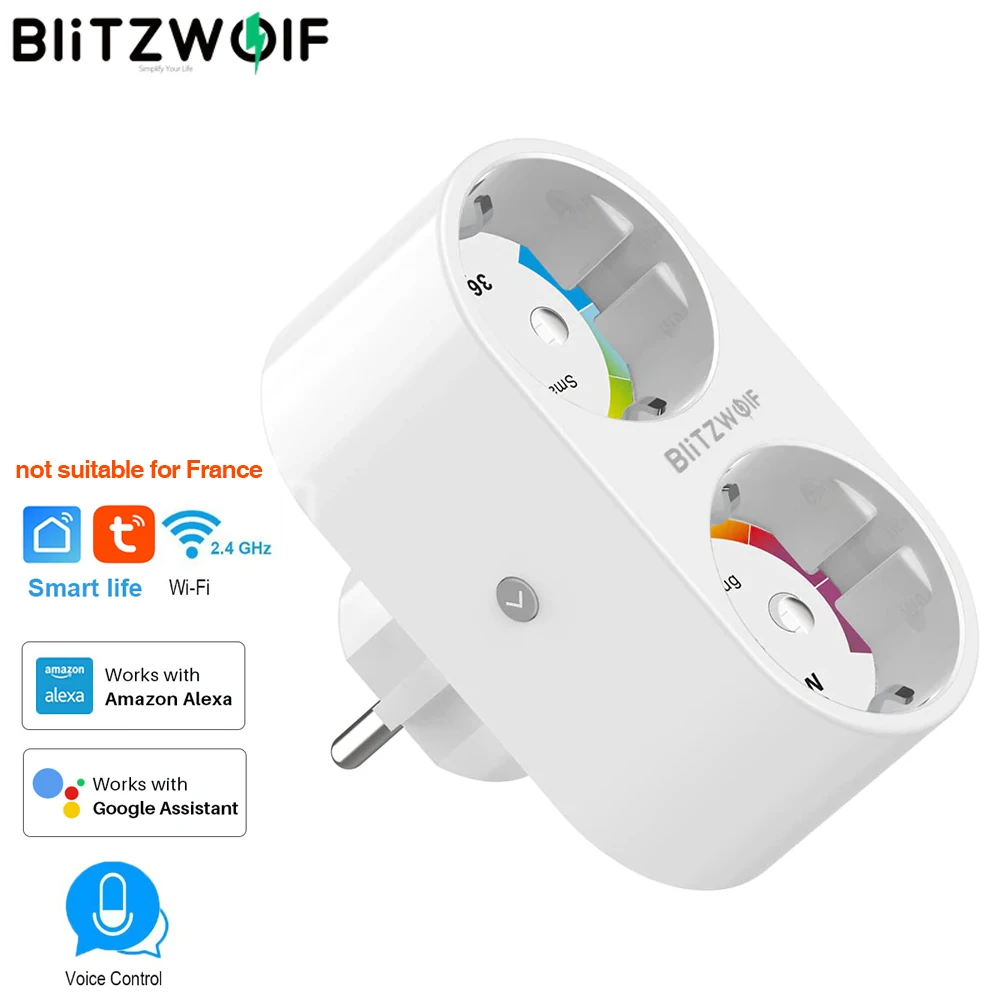 BlitzWolf BW-SHP7 16A 3680W EU Plug Dual Smart WIFI Plug Adaptor Power Monitor Outlet Socket Timing Remote Control Smart Home