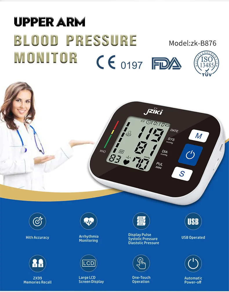 JZIKI Health Arm Automatic Blood Pressure Monitor BP Sphygmomanometer Pressure Meter Tonometer for Measuring Arterial Pressure-11