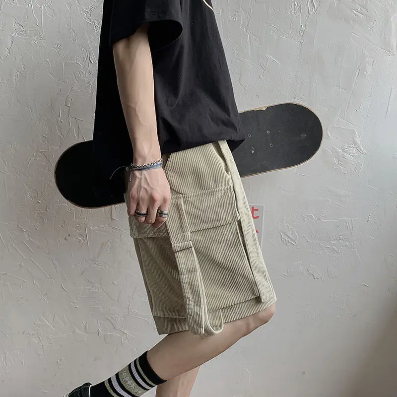 

2020 Summer New Youth Popular Men's Solid Color Old Big Pocket Five-point Overalls Fashion Casual Corduroy Shorts M-2XL