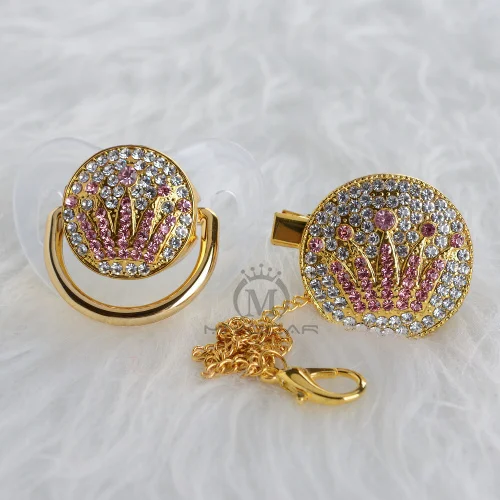 BLING bling из золота с уникальным дизайном розовая Корона соска и клип набор BPA бесплатно sgs пройти безопасное детское зубное кольцо держатель APCG - Цвет: APCG-1   6-18m
