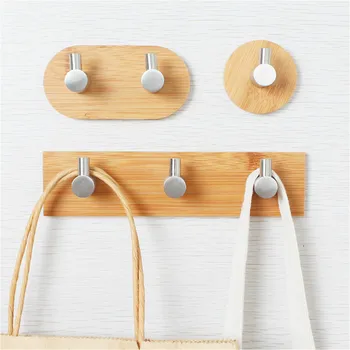 

Natural Bamboo Wood Stainless Steel Seamless Adhesive Hook Clothes Hanger Wall Mounted Coat Hook Decor Bathroom Storage Rack