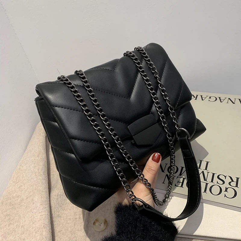 Bolso de marca de para mujer, bandolera de hombro con cadena, de cuero negro, elegante, pequeño y cuadrado para teléfono móvil, 2021|Bolsos de - AliExpress