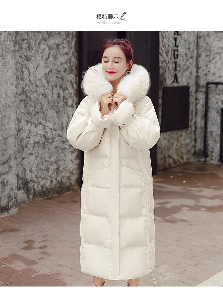 Down Jacket Women's Winter Long Sleeve Thick Mid-length Straight-Cut Zipper Hooded Cotton-padded Clothes White with Genuine