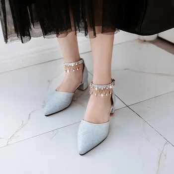 

Big Size 11 12 13 14 15 16 17 ladies high heels women shoes woman pumps Package toes Crystal chain Thick with Single shoes