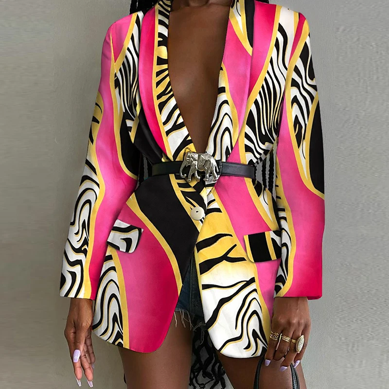 Turn-down Collar All Over Print Single Button Blazer Women Casual Jacket Elegant Abstract Graphic Work Coat Blazers For Women