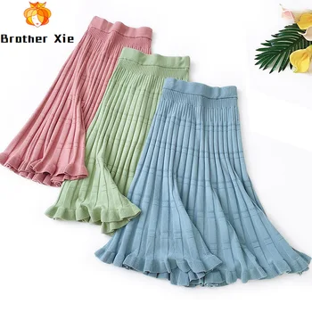 

High Women 2020 Waist Knitted Long Skirt Stretch Flouncing Hem Women A-Line Pink Skirt Faldas Jupe Femme Saia