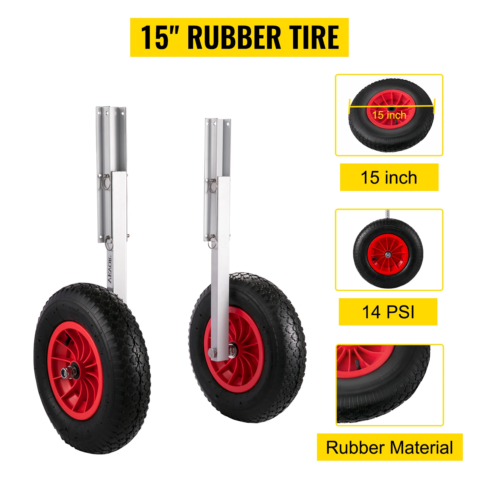 VEVOR 2PCS Inflatable Boat Launching Wheel 136 KG Weight Load Capacity Aluminum Frame 38CM Diameter Rubber Tire