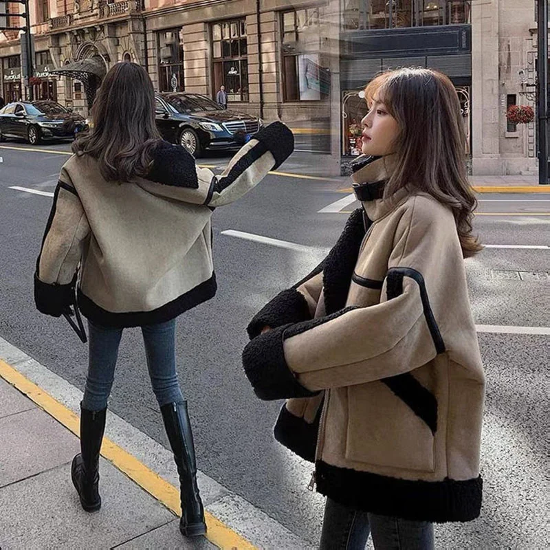 

Patchwork Lamb Wool Coats Thick Warm Faux Fur Jacket New Cashmere Women Vintage Loose Plush Snow Wear Biker Lady Jackets