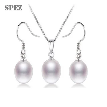 

fashion 925 sterling silver set natural pearl jewelry sets genuine freshwater pearl pendent necklace earrings for women