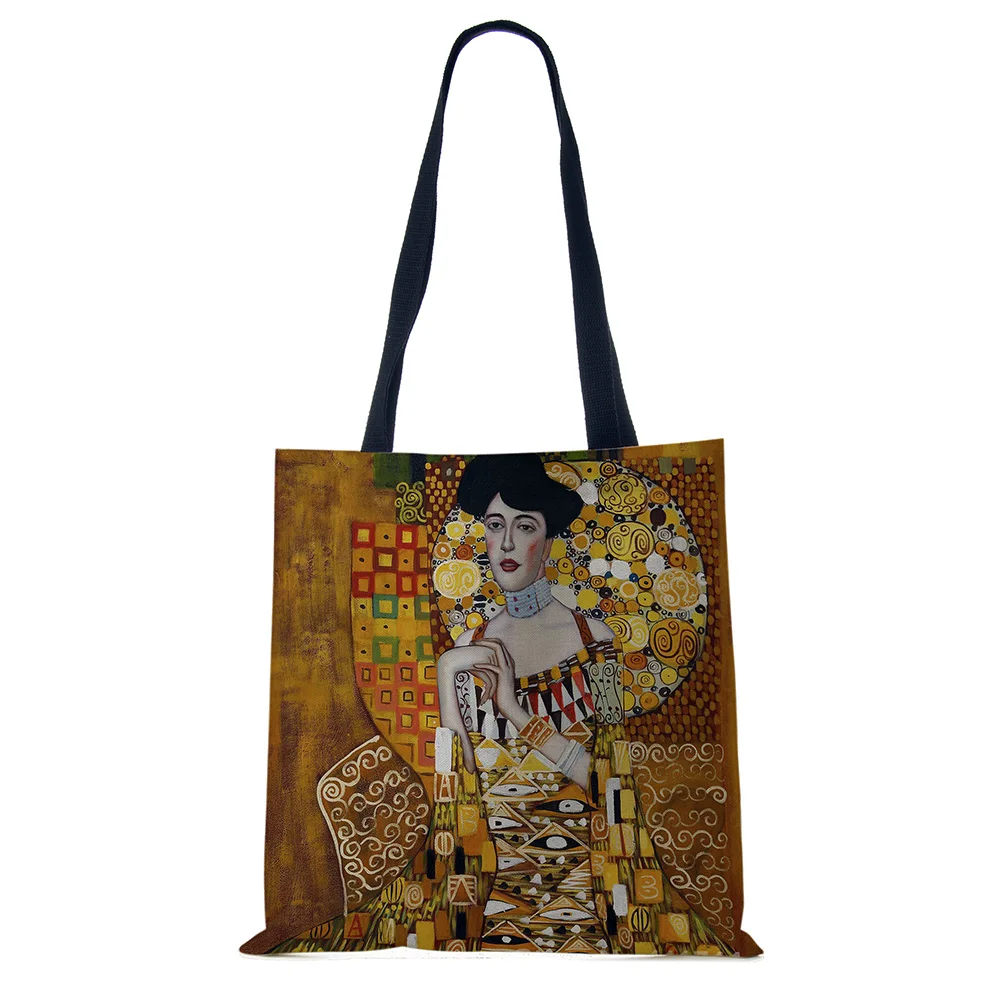 Customized Oil Painting Tears Linen Cloth Tote Bags For Women Gustav Klimt Ladise Fashion Handbag Large Capacity Shopping Totes 