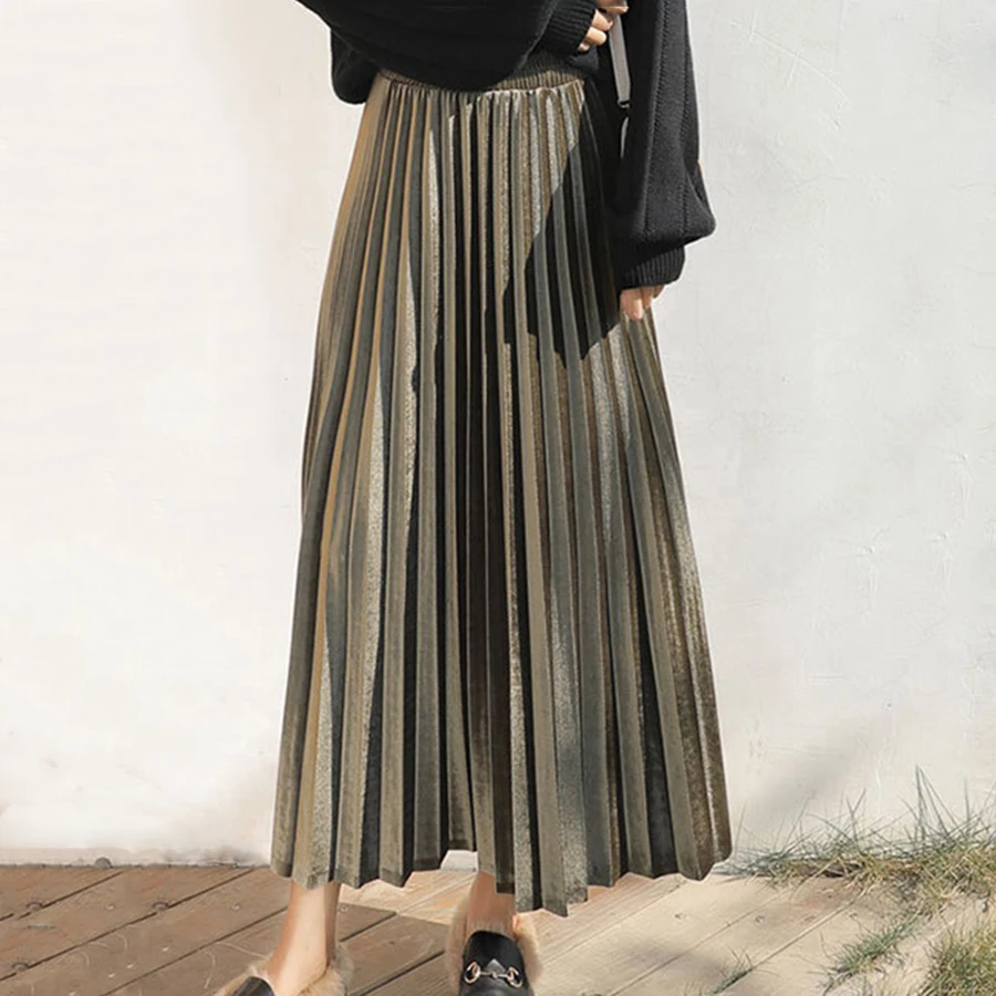 Осенне-зимняя плиссированная юбка с высокой талией, женская большая свободная длинная юбка, Повседневная модная черная зеленая юбка, новинка