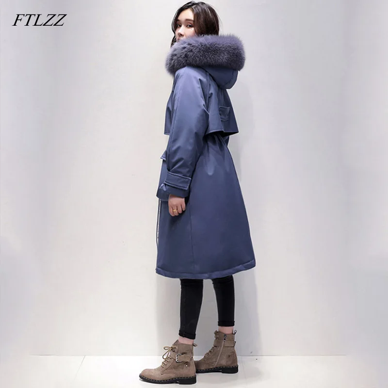Goedkoop FTLZZ Grote Echte Vos Bont 90% Witte Eendendons Lange Jas Winter Jas Vrouwen Parka Dikke Warme Waterdichte Jas