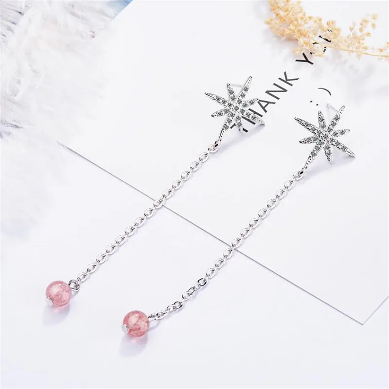 

New Exquisite Temperament Long Strawberry Crystal 925 Sterling Silver Jewelry Snowflake Tassel Ear Line Dangle Earrings SE617