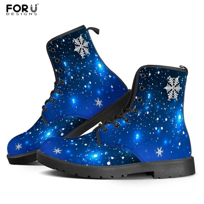 

FORUDESIGNS Christmas Gift for Women Blue Snowflake Pattern Leather Boots Ladies Winter Boots Casual Waterproof Round Toe Shoes