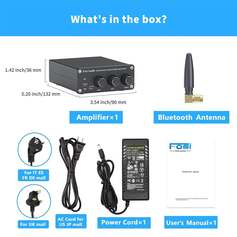 Fosi Audio BT20A Bluetooth TPA3116D2 Sound Power Amplifier 100W Mini HiFi Stereo Class D Amp Bass Treble For Home Theater best amplifier for car