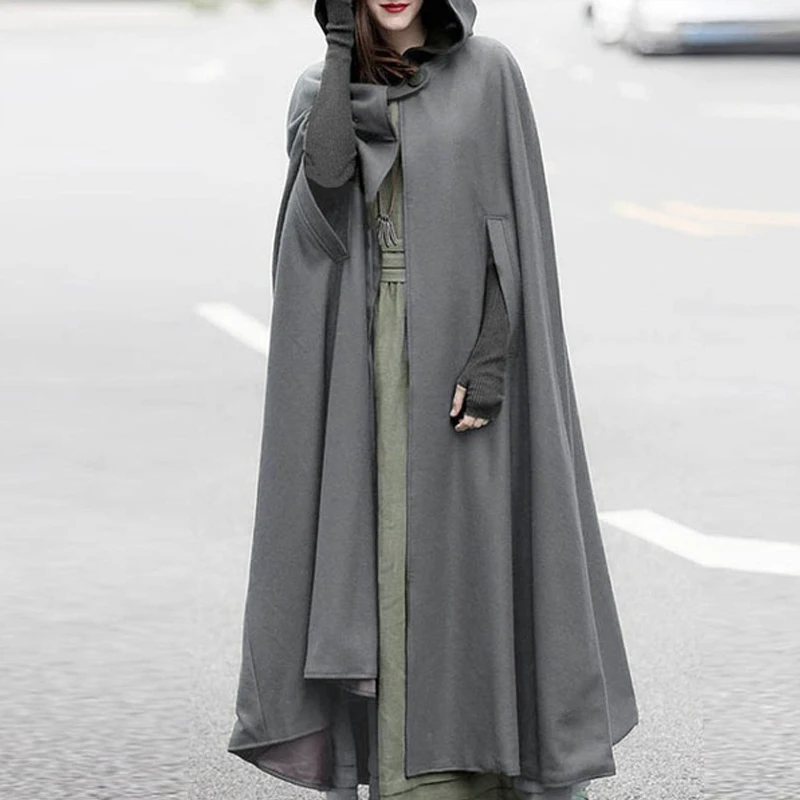 Medieval Cloak Hooded Women Gothic Cape Long Trench Overcoat Open Front Cardigan Halloween Cosplay Costume Poncho Outerwear - Цвет: Серый