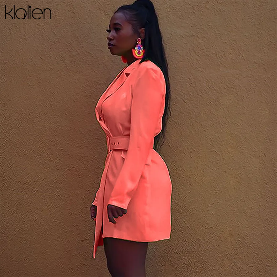 Ceny KLALIEN jesień moda Neon mini sukienki damskie ścięty z długim rękawem Casual High Street Mini sukienka z paskiem odzież 2019