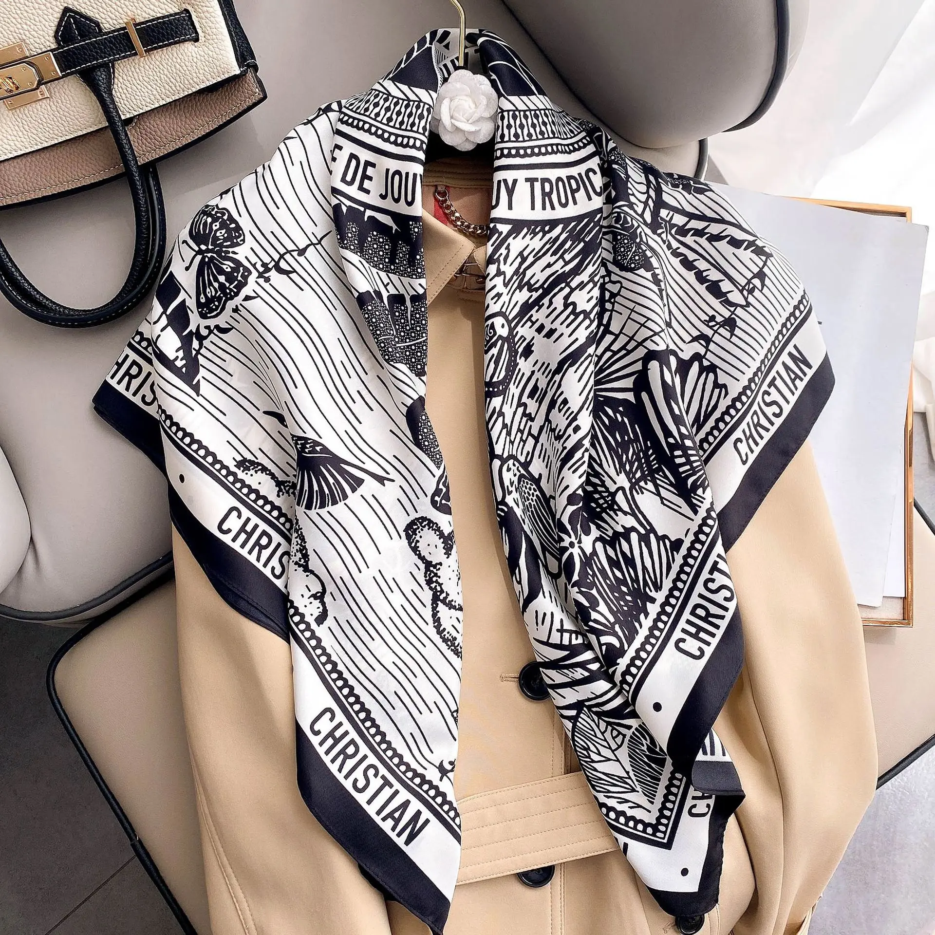 Silk Square Scarf 90cm Square Silk Scarf Female Machine Curling Twill Scarf Sunscreen Shawl Beach Towel Wholesale