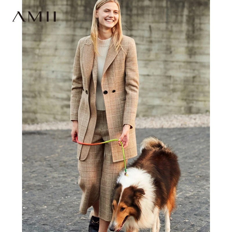 

Amii Office Lady Plaid Suits Elegant Autumn Lapel Slim Mid-long Blazer Casual Pants Female Two Piece Set 11820112