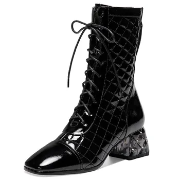 

New Fall Winter Cow Leather Glitter Boots Square Toe Thick Heel Women Ankle Booties Crystal Sheepskin Cross-Tied Ladies Shoes