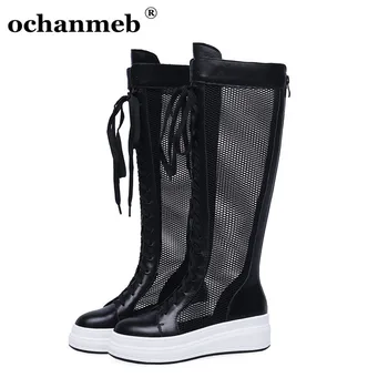 

ochanmeb comfortable and Breathable with Top layer real leather Net Knee High Boots for Women Black Long Boots Flat Heel Shoes