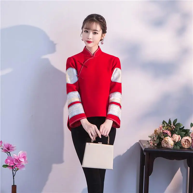 Mandarin Collar Tang Chinese Style Traditional Handmade Button Women Coat Jacket Warm Thick Outdoor Clothes Overcoat Winter New - Цвет: Красный