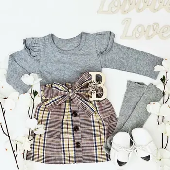 

Kids Baby Girl Autumn Winter Clothes Fly Sleeve Solid Color Tops Button Bow Plaid Dress 2PCS Outfit Set
