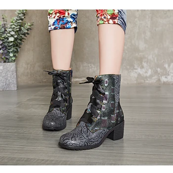 

SONDR platform high heel booties woman bohemian genuine leather ankle boots for women fashion square heels ethnic totem botines