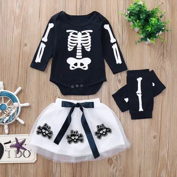 

Newborn Infant Girls Romper Appliques Skull Skirt Leggings Halloween Outfits 3 Pieces Set Toddler Long Sleeve Romper Clothes