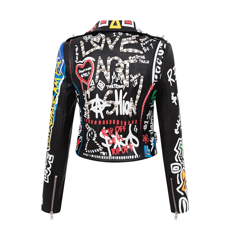 Women Fashion Multicolor Punk Leather Motorcycle Jacket Graffiti Street 2019 New