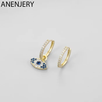

ANENJERY Micro Inlaid Blue Cubic Zircon Eyes Pendant Hoop Earrings Silver Color Asymmetric Earring For Women S-E1131