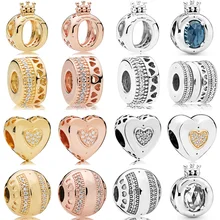 Бусины из стерлингового серебра 925, фирменный логотип, сердце, Корона "о", зажим, шарм, подходит для оригинала, для женщин, Pandora, браслет, подарок, сделай сам, ювелирное изделие