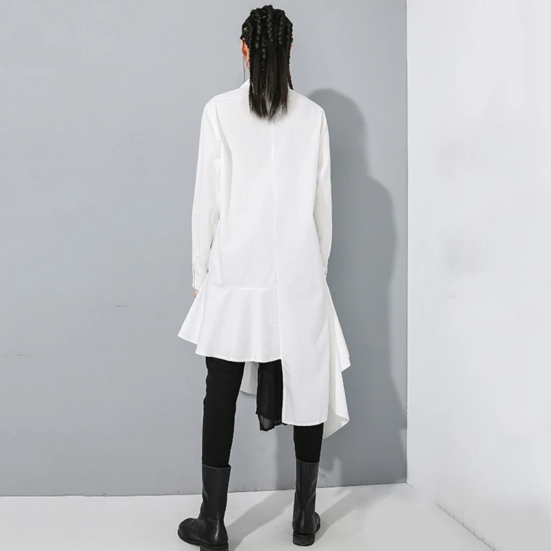 [EAM] Женская Черная Асимметричная плиссированная Длинная блузка, новая свободная рубашка с отворотом и длинным рукавом, модная весенняя Осенняя 1N202