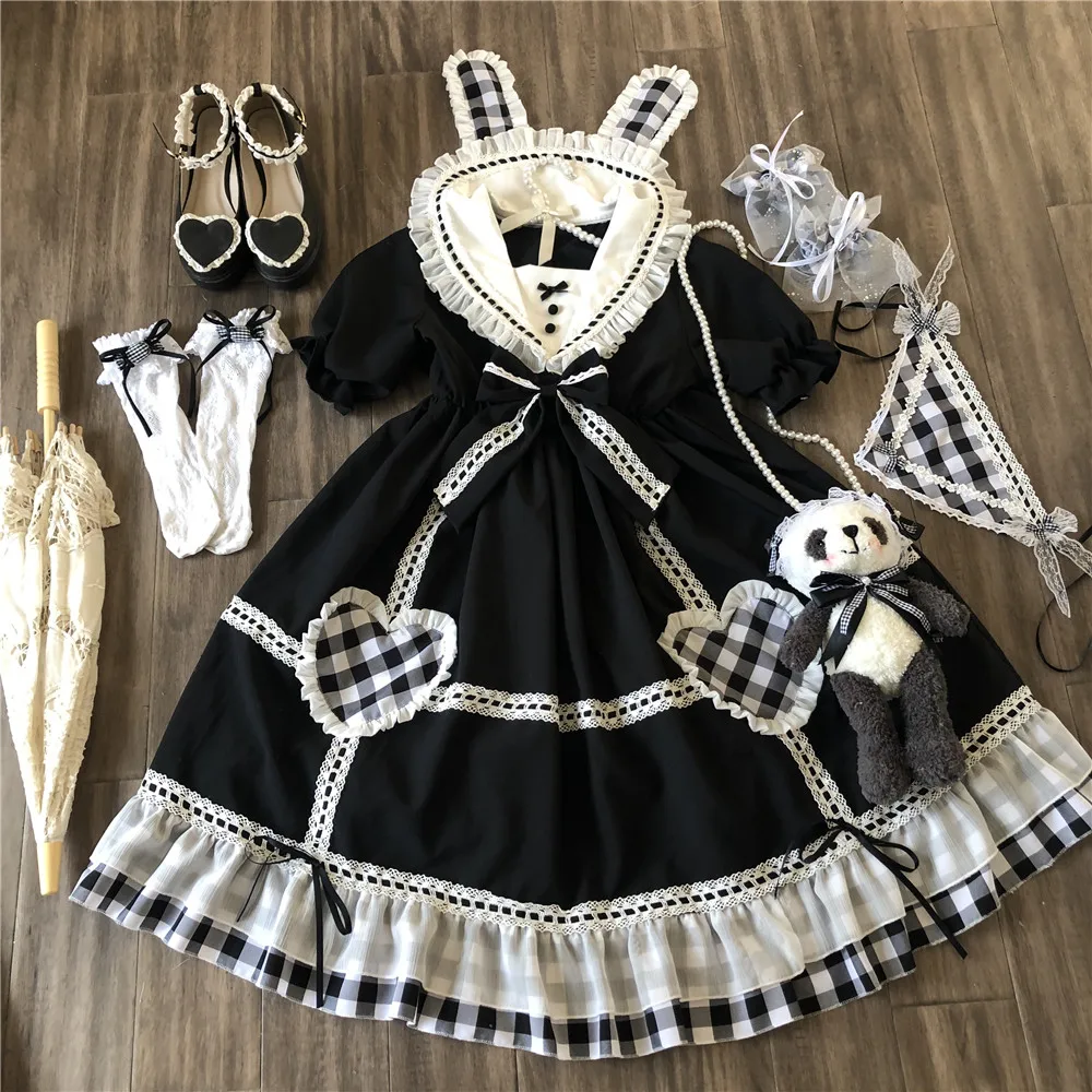 

Gothic vintage sweet lolita dress sailor collar lace bowknot puff sleeve black white lattice kawaii dress girl loli cosplay op