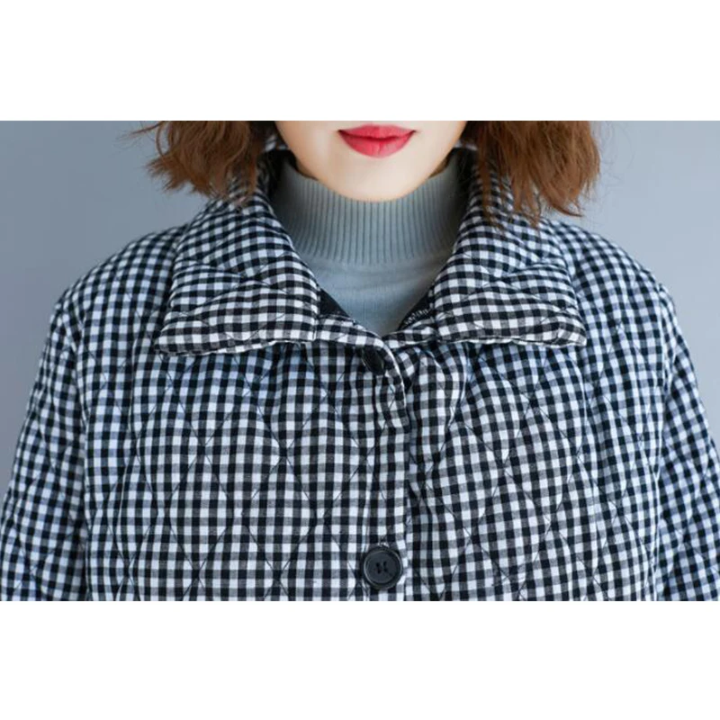 EORUTCIZ Winter Thick Women Parka Long Jacket Warm Plaid Oversize Coat Vintage Harajuku Autumn Outerwear LM565