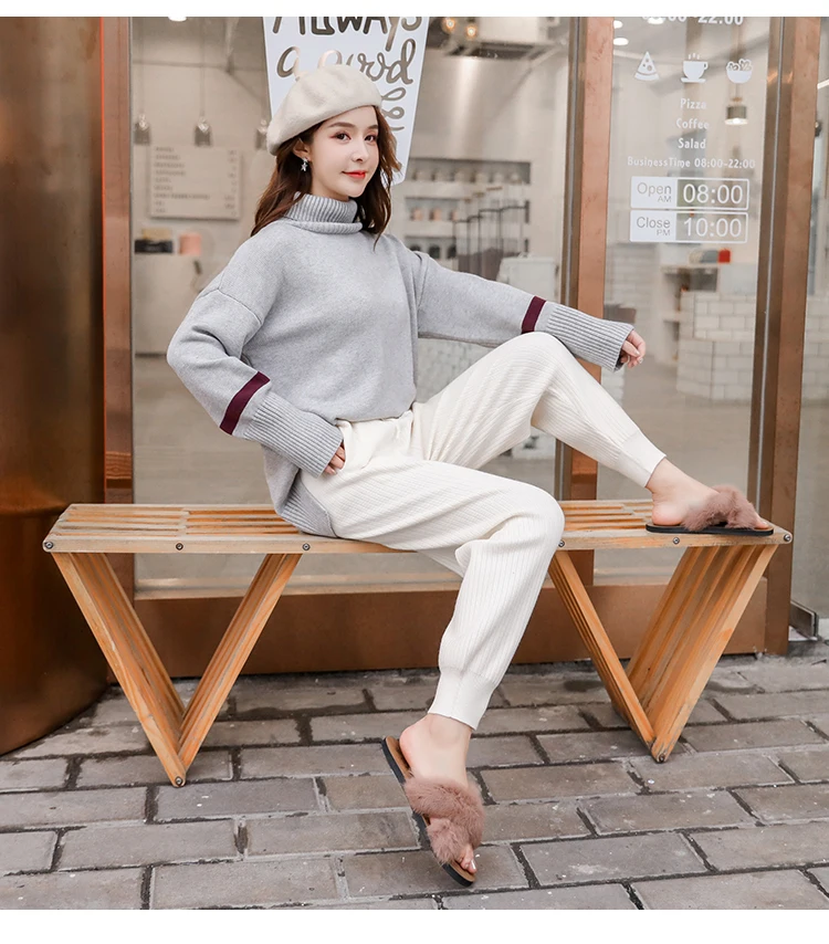 Knitted Harem Pants Women Drawstring Skinny Pants Mid Waist Trousers Pockets Knitted Striped Sweatpants Pantalon Femme 7285 50