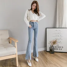 Джинсы женские с высокой талией тонкие Осенние новые корейские джинсовые расклешенные брюки