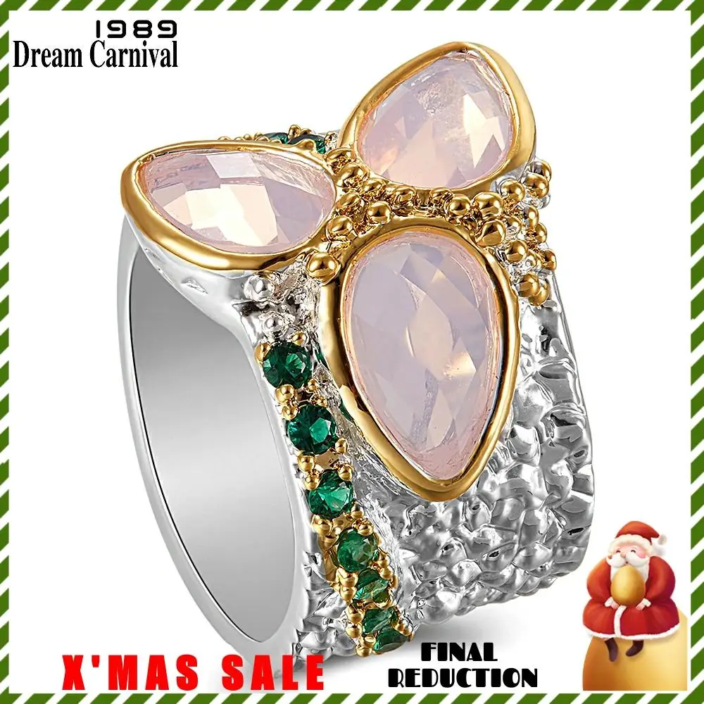 DreamCarnival 1989 Top Selling Tri-Zircon Ring Silver& Gold Color with Pink Zirconia Rough Surface Unique Chic Jewelry WA11736