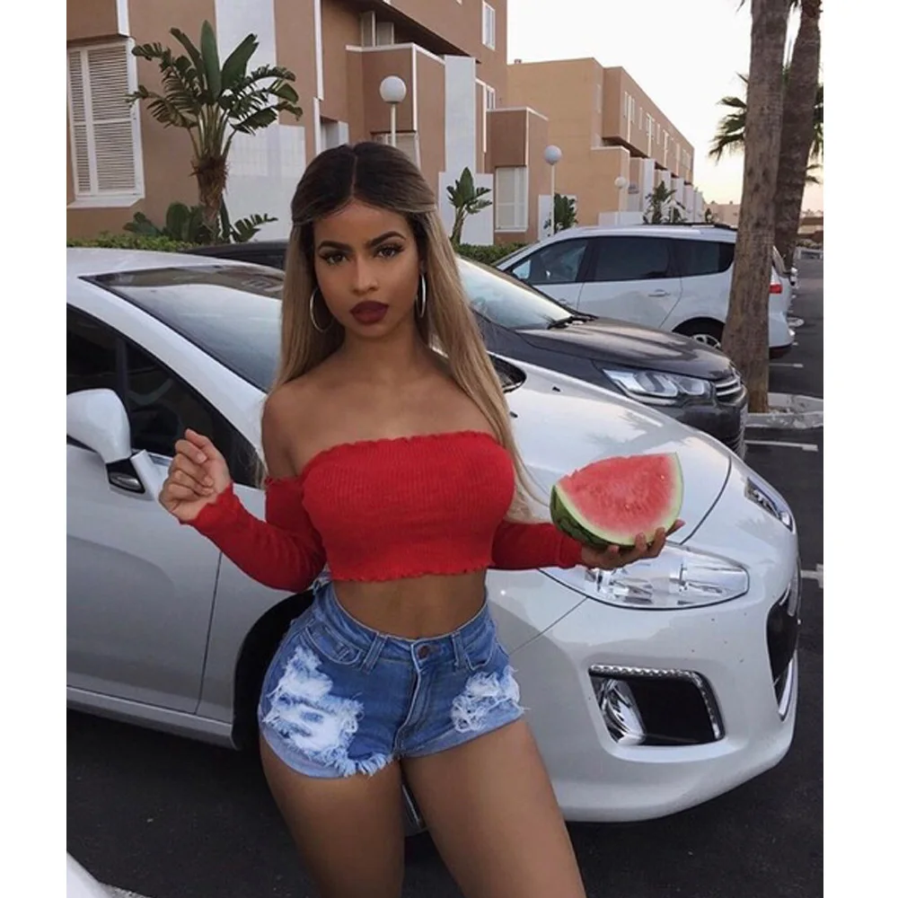 

2021 women's jeans summer fashion trend wild commuter low waist sexy high elastic frayed denim shorts