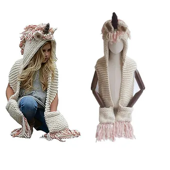 

Cute Handmade Warm Christmas Children Winter Hooded Knit Hat Baby Boys Girls Crochet Fur PomPom Hats Unicorn Scarf Neck Warmer